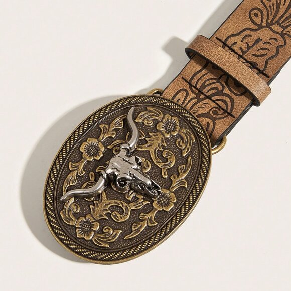 Brown Western Cowgirl Women's Buckle & Embossed Print Belt - Picture 4 of 5